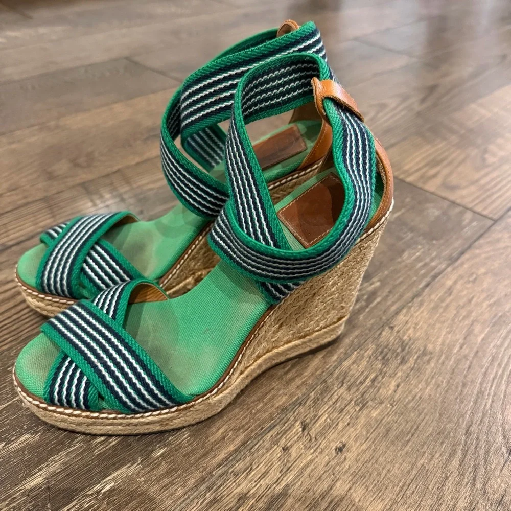 Tory Burch Frieda Women's Green/Blue Striped Espadrille Wedges‎ Size 7